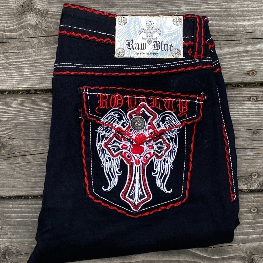Vintage Triple Contrast Stitch Raw Blue Reflex Embroidered Jeans Size 11/12 Y2K